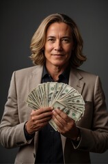 Portrait of a successful person posing, showing a large amount of bills in their hand. Studio photography lighting