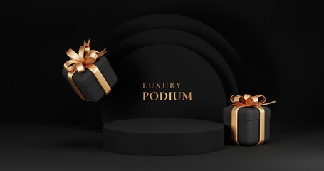 Black friday sale Promotion, Realistic Gift Boxes with Gold Ribbon , shopping cart black, Dark background Podium .poster, banners, flyers, card,advertising , 3D rendering