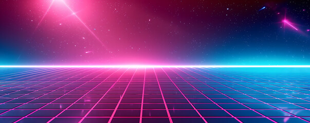 Retro 80s neon grid gradient in bold pinks, blues, and purples, with a grainy texture for a throwback event poster. 