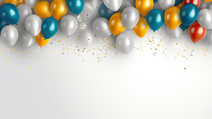 birthday party balloons, Celebration background with gold confetti and golden and white, green, silver  balloons. Banner - obrazy, fototapety, plakaty