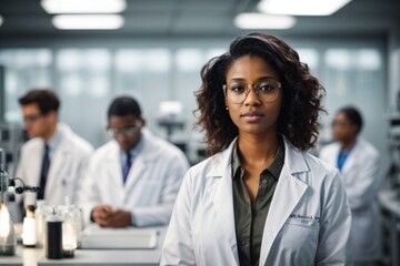 Fototapeta premium black female scientist in a scientific laboratory with team working in the background