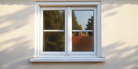 Closed white pvc window, with attached fixing device for ventilation and a curtain in the sun, concept of Natural light