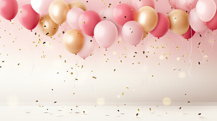 birthday party balloons, Celebration background with pink confetti and golden and pink balloons. Banner