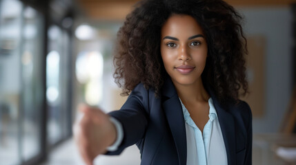 Obraz premium A brunette woman in a suit extends her hand for a handshake. The message is «You're hired at the company» or «I'm pleased to welcome you to our firm».