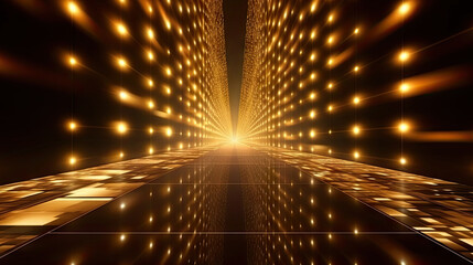 golden walkway with lights on the floor,Gold lights rays scene background. Golden light award stage with rays and sparks - obrazy, fototapety, plakaty