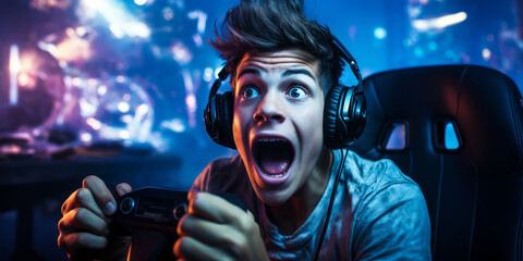 Excited young gamer with intense expression playing video games in a dark room illuminated by screen glow, the epitome of immersive gaming experience