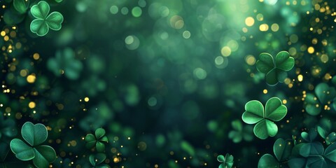 Dark green background with radiant green clovers and festive glow for St. Patrick's Day. - obrazy, fototapety, plakaty