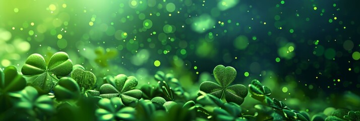 A shiny texture with green clovers on a dark green background, festive glow, background for St. Patrick's Day