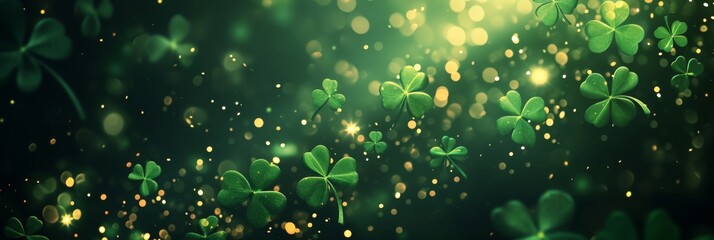 Dark green background with radiant green clovers and festive glow for St. Patrick's Day. - obrazy, fototapety, plakaty