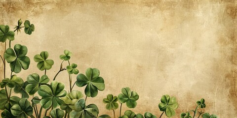 A vintage background with images of clover in the style of old botanical illustrations on textured paper. Background for St Patrick's day - obrazy, fototapety, plakaty