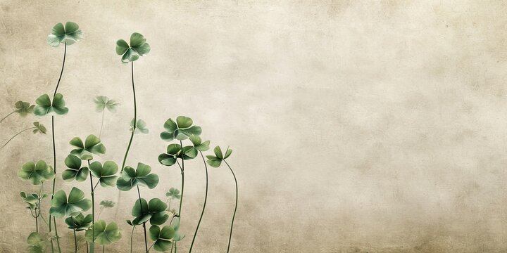 A vintage background with images of clover in the style of old botanical illustrations on textured paper. Background for St Patrick's day