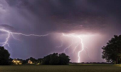 Naklejka na ściany i meble A lightning strike over a fields with houses nearby
