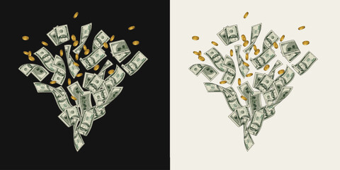 Money dollar composition like fountain, firework with pile of flying apart 100 dollar notes, banknotes, golden coins. Composition, design element in vintage style.