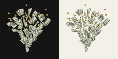 Fotobehang Money dollar composition like fountain, firework with pile of flying apart 100 dollar notes, banknotes, golden coins. Composition, design element in vintage style. © OA_Creation