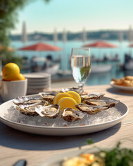 Fresh oysters served with lemon on a plate, enjoyed in an outdoor seaside dining setting with a view of the harbor. 