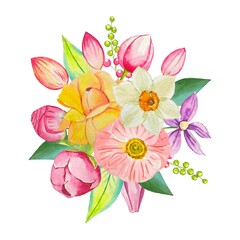 Spring watercolor bouquet, compositions with flowers