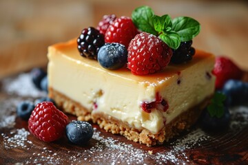 Cheesecake with fresh berries and mint on a wooden background. Cheesecake on a background with Copy Space.