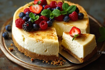 Cheesecake with fresh berries and mint on a wooden background. Cheesecake on a background with Copy Space.