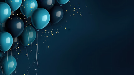 birthday party balloons, Celebration background with golden blue confetti and blue balloons on dark blue background. Banner - obrazy, fototapety, plakaty