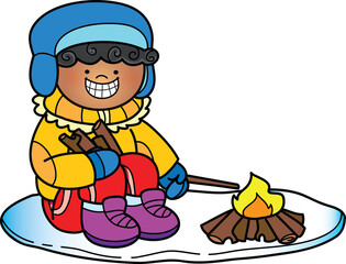 Boy light up a bonfire in winter clip art