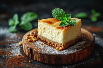 Cheesecake with mint on a dark background. toning. selective focus. Cheesecake on a background with Copy Space.