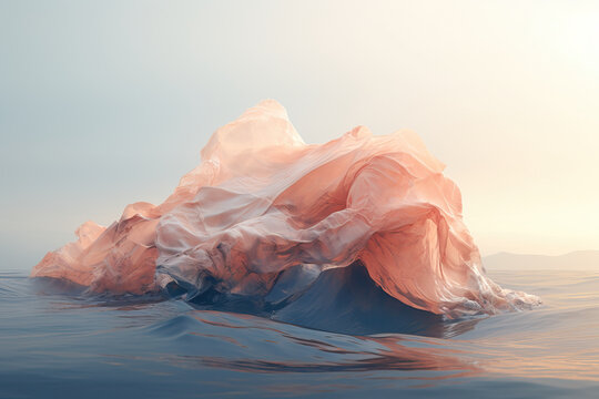 Plastic pollution in the ocean with a serene backdrop. Generative AI image
