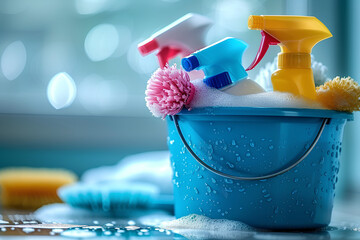 Close-up of Cleaning Products in a Blue Bucket
