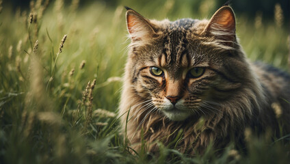 a cat sit in grass
