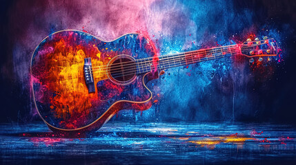 Musical Harmony Watercolor Guitar with Color Splashes on Colorful Background - obrazy, fototapety, plakaty