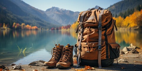View on front close up of a hiking backpack and boots and gear equipment for mountain and forest near lake. Hiking equipment.