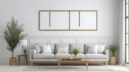 Fototapeta na wymiar Minimalist farmhouse living room with blank frame mockup on white wooden wall paint... Generative AI