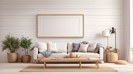 Minimalist farmhouse living room with blank frame mockup on white wooden wall paint... Generative AI