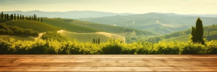 Deurstickers empty wooden table with a landscape overlooking a vineyard. , for display or montage your products.  © Planetz