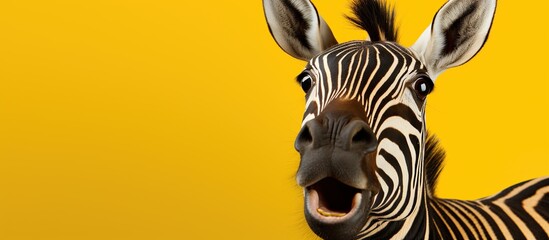 Close up of a zebra's face on a yellow background	