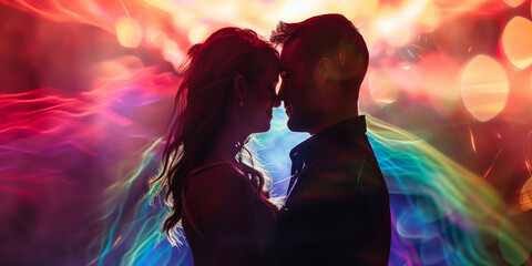 Profile silhouettes of a couple against a vibrant light display, sharing a moment of romance amidst vivid colors