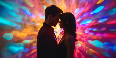 Silhouetted couple close together with a vivid, colorful light display in the background, a blend of romance and fantasy