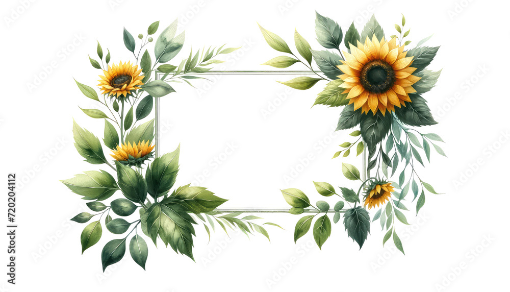 Wall mural rectangle-shaped watercolor greenery floral frame featuring sunflower clipart