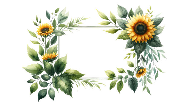 rectangle-shaped watercolor greenery floral frame featuring sunflower clipart