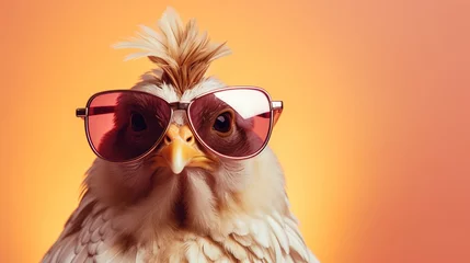 Fotobehang Chicken wearing sunglasses isolated on solid color background, copy space for text. © Mas