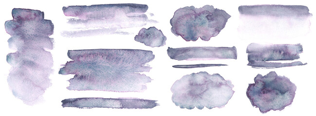 Purple blue watercolor stains set, paint strokes and washes