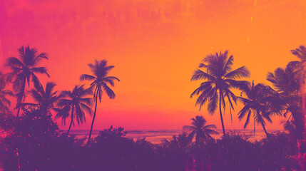 Tropical sunset gradient with rich oranges, pinks, and purples, featuring a grainy texture for a beach party poster. 