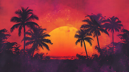 Fototapeta na wymiar Tropical sunset gradient with rich oranges, pinks, and purples, featuring a grainy texture for a beach party poster. 