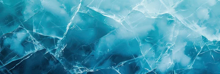 Foto op Aluminium Beautiful winter natural blue ice texture of surface of frozen. Nature abstract pattern of white cracks. Winter seasonal background, mock up, flat lay, ice texture background,ice banner   © Planetz