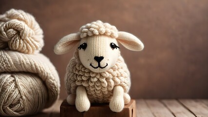 Fototapeta premium Knitted cute sheep with yarn on vintage background Background for handmade products and yarn 