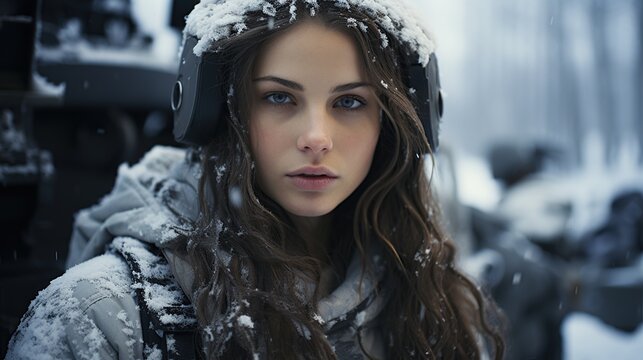 A beautiful brunette soldier girl, wearing winter camo military gear, during a snow storm.
