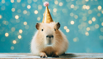 Capybara in a birthday hat, capybara celebrating at a party, pastel blue background with blurry lights