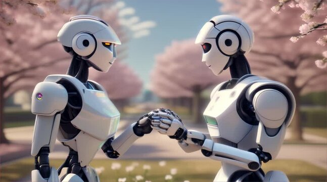 Couple of robots fall in love in spring . High quality FullHD footage