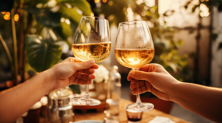 A group of girlfriends raise a toast with glasses of white wine on a sunset. Close shot.