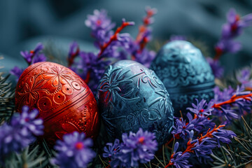 Obraz na płótnie Canvas Happy Easter Easter Eggs in Spring Unique colored Eggs Trendy Realistic Easter Greeting Card Banner Modern Graphic Concept Wallpaper Digital Art Magazine Background Poster Card