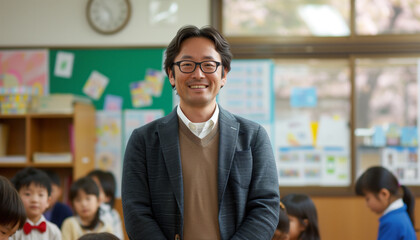 日本の小学校の教室で先生が微笑んでいる。背景には生徒たち